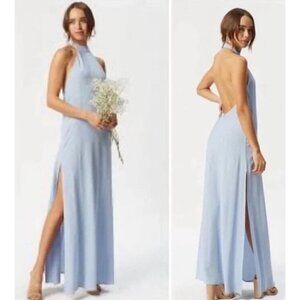 New Flynn Skye Tyra Maxi Dress Womens M Light Serenity Blue Slits Halter